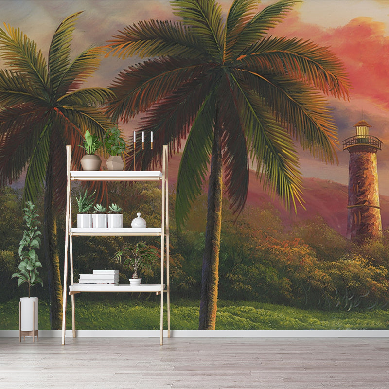 Non-Woven Waterproof Mural Tropical Palm Trees and Watchtower Painting Wall Decoration Clearhalo 'Wall Decor' 'Wall Mural' 1171013