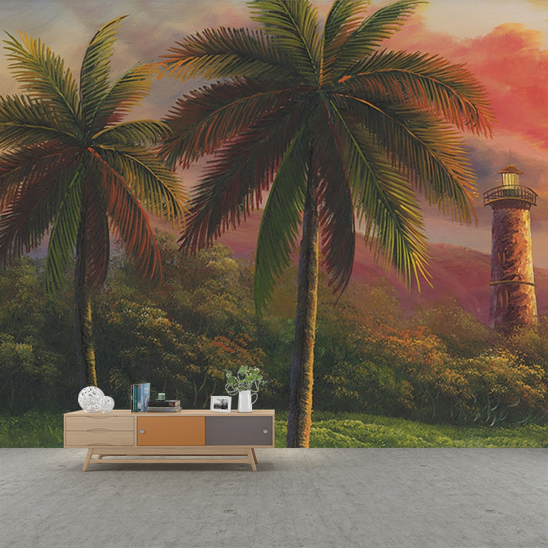 Non-Woven Waterproof Mural Tropical Palm Trees and Watchtower Painting Wall Decoration Clearhalo 'Wall Decor' 'Wall Mural' 1171014