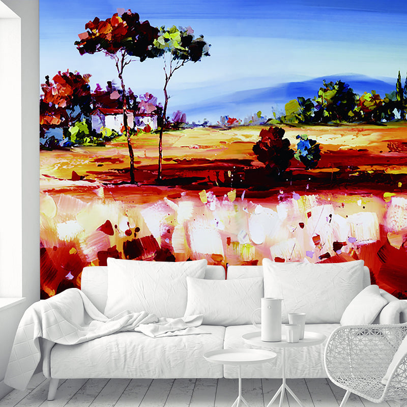 Large Rural Wall Covering Mural Orange-Blue Open Land of Village Painting Wall Decor, Custom Print Orange-Blue Clearhalo 'Wall Decor' 'Wall Mural' 1171017