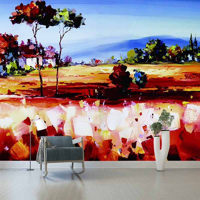 Large Rural Wall Covering Mural Orange-Blue Open Land of Village Painting Wall Decor, Custom Print Clearhalo 'Wall Decor' 'Wall Mural' 1171019