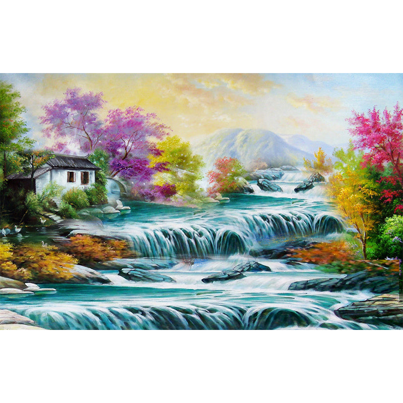 Beautiful Waterfall Drawing Wallpaper Mural Stain-Proof Rustic Bedroom Wall Decor Clearhalo 'Wall Decor' 'Wall Mural' 1171030