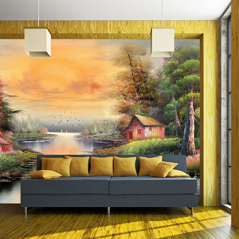 Tranquil Lake Scenery Wall Mural Countryside Smooth Wall Decor in Yellow and Green Clearhalo 'Wall Decor' 'Wall Mural' 1171043