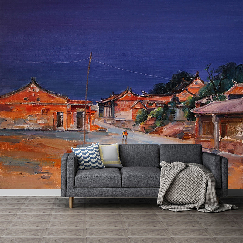 Ancient Asian Village Mural Wallpaper Orange-Blue Vintage Wall Covering for Living Room Orange-Blue Clearhalo 'Wall Decor' 'Wall Mural' 1171067