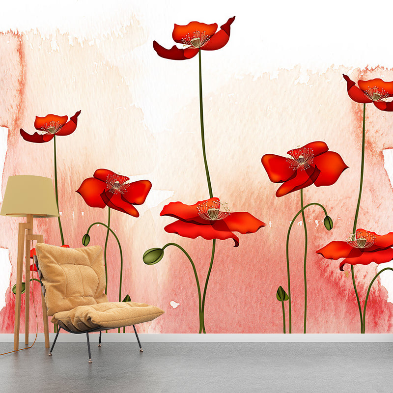 Pink-Red Blossoming Poppy Murals Flower Rustic Moisture Resistant Wall Covering for Bedroom Pink Clearhalo 'Wall Decor' 'Wall Mural' 1171077