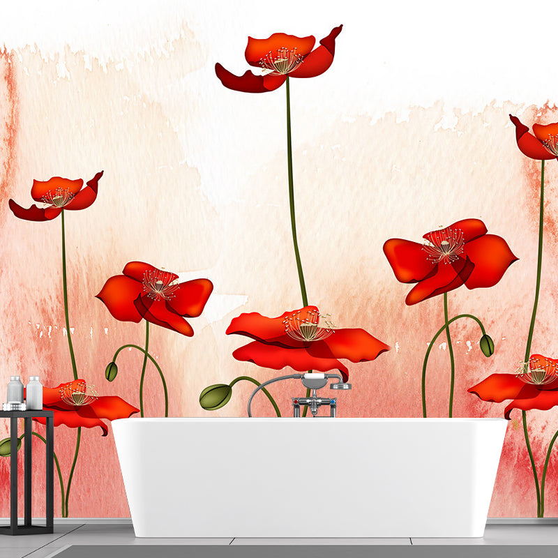 Pink-Red Blossoming Poppy Murals Flower Rustic Moisture Resistant Wall Covering for Bedroom Clearhalo 'Wall Decor' 'Wall Mural' 1171078