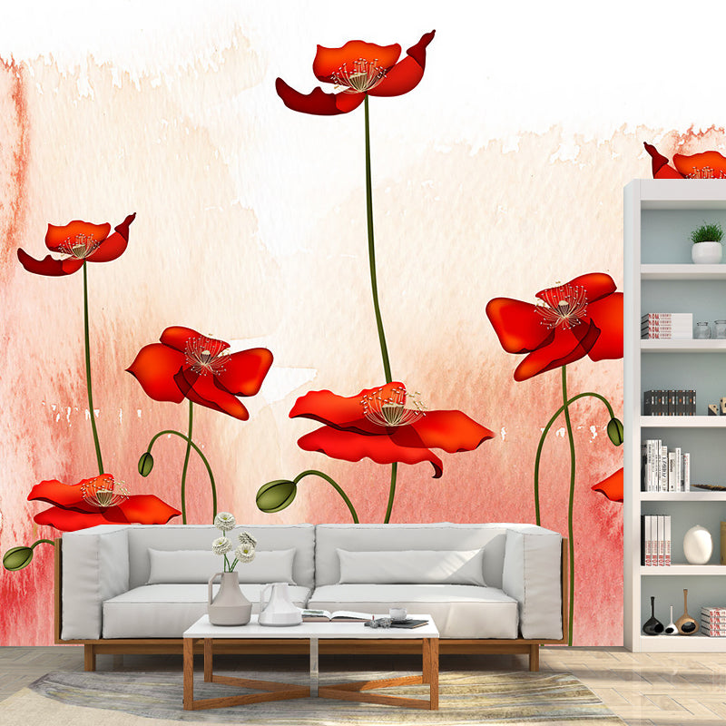 Pink-Red Blossoming Poppy Murals Flower Rustic Moisture Resistant Wall Covering for Bedroom Clearhalo 'Wall Decor' 'Wall Mural' 1171079