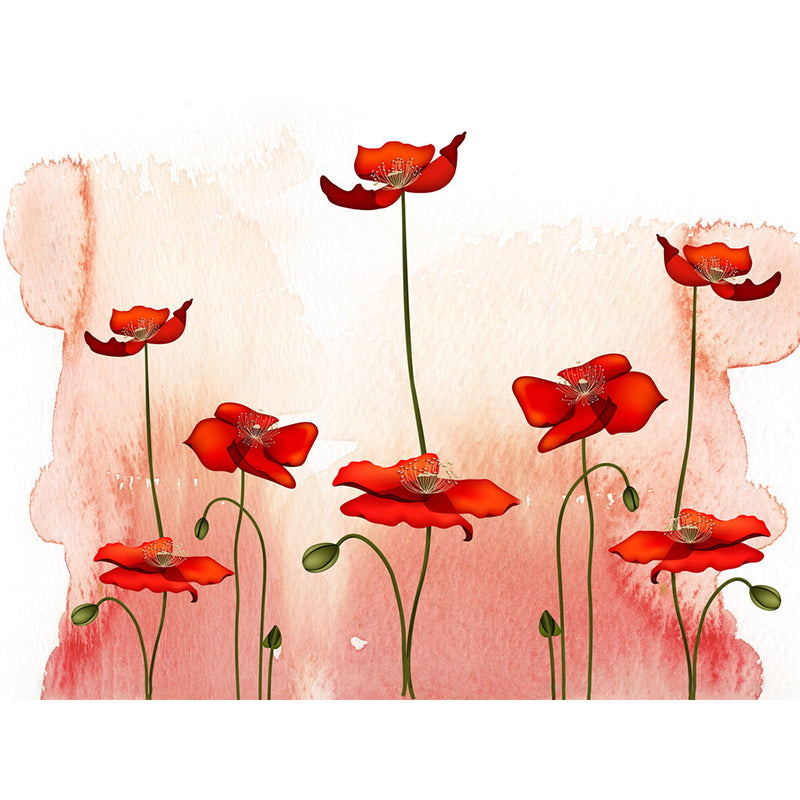 Pink-Red Blossoming Poppy Murals Flower Rustic Moisture Resistant Wall Covering for Bedroom Clearhalo 'Wall Decor' 'Wall Mural' 1171080