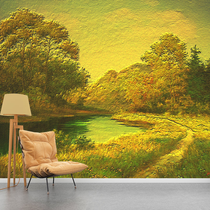 Green Classic Wallpaper Murals Whole River Across Forest Painting Wall Decor for Home Clearhalo 'Wall Decor' 'Wall Mural' 1171083