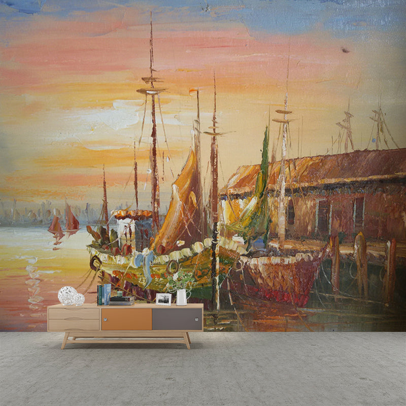 Classic Moored Fishing Boat Murals for Hallway Custom Size Wall Covering in Brown Brown Clearhalo 'Wall Decor' 'Wall Mural' 1171087