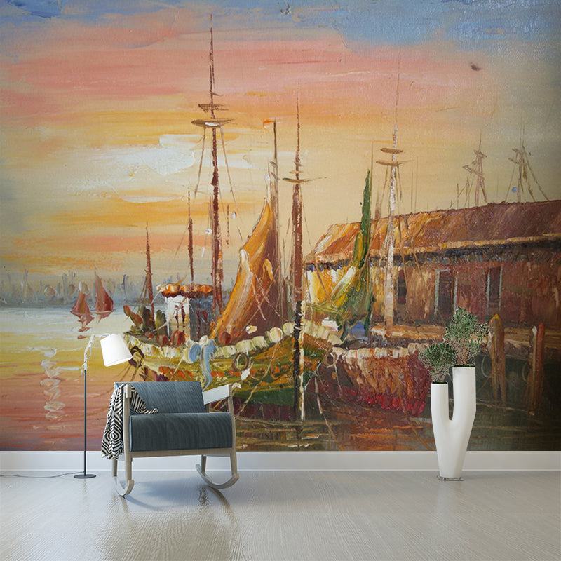 Classic Moored Fishing Boat Murals for Hallway Custom Size Wall Covering in Brown Clearhalo 'Wall Decor' 'Wall Mural' 1171088