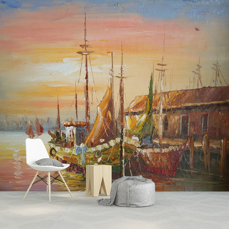 Classic Moored Fishing Boat Murals for Hallway Custom Size Wall Covering in Brown Clearhalo 'Wall Decor' 'Wall Mural' 1171089