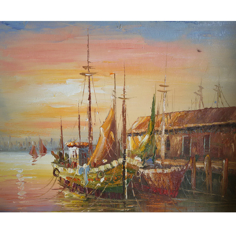 Classic Moored Fishing Boat Murals for Hallway Custom Size Wall Covering in Brown Clearhalo 'Wall Decor' 'Wall Mural' 1171090