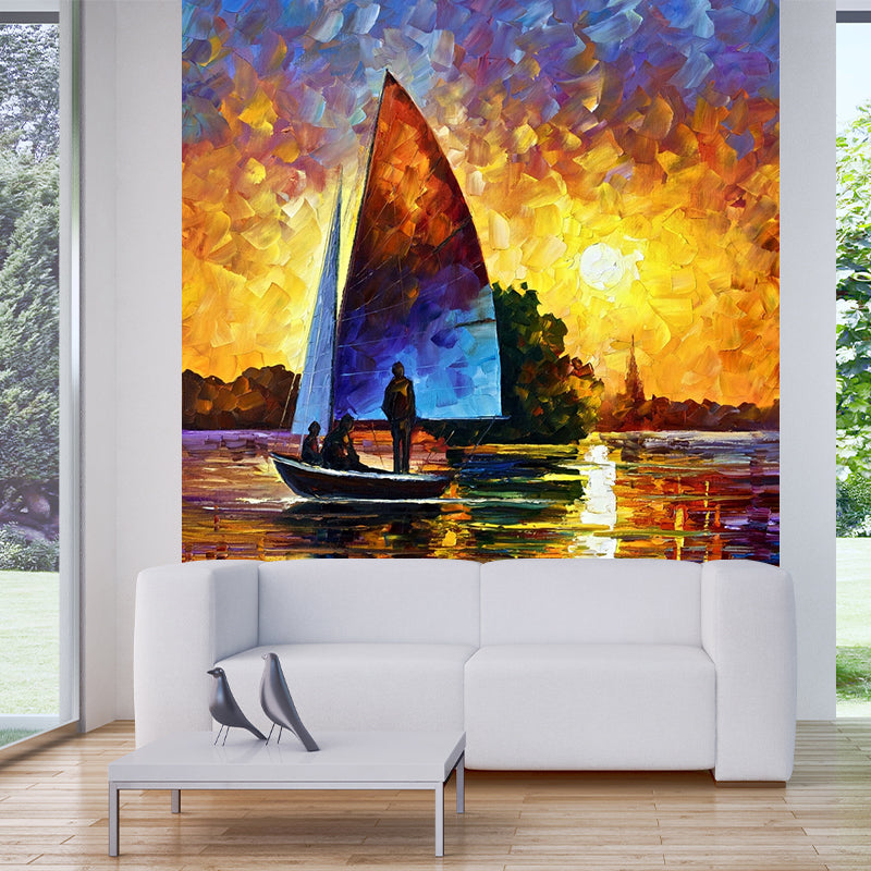 Scenery Sunset Sailboat Wall Mural Classical Non-Woven Fabric Wall Art in Orange-Blue Orange-Blue Clearhalo 'Wall Decor' 'Wall Mural' 1171092