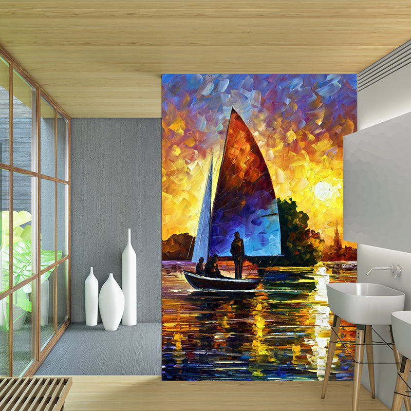 Scenery Sunset Sailboat Wall Mural Classical Non-Woven Fabric Wall Art in Orange-Blue Clearhalo 'Wall Decor' 'Wall Mural' 1171093