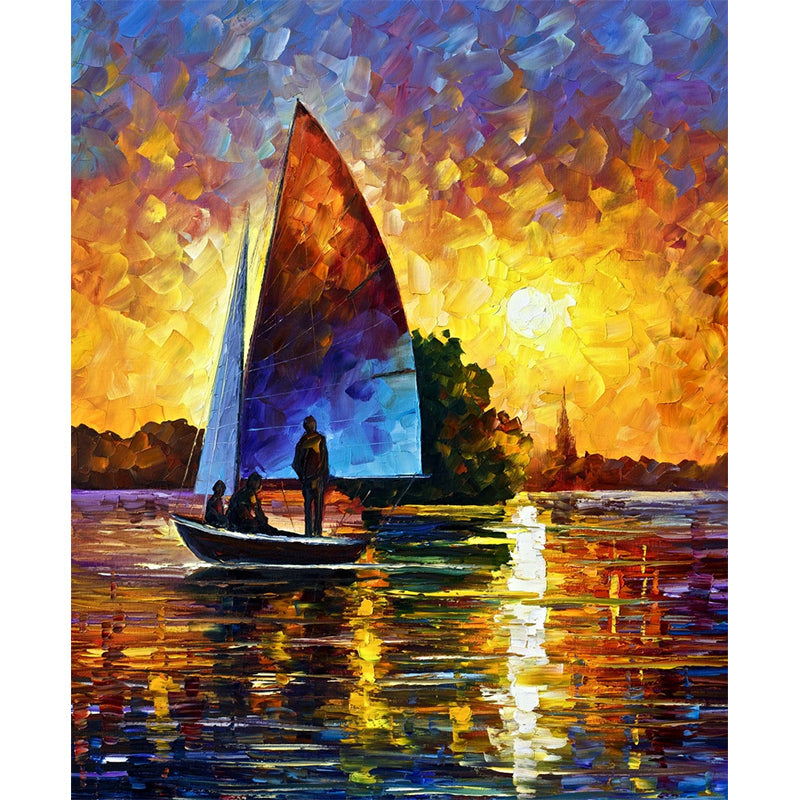 Scenery Sunset Sailboat Wall Mural Classical Non-Woven Fabric Wall Art in Orange-Blue Clearhalo 'Wall Decor' 'Wall Mural' 1171095