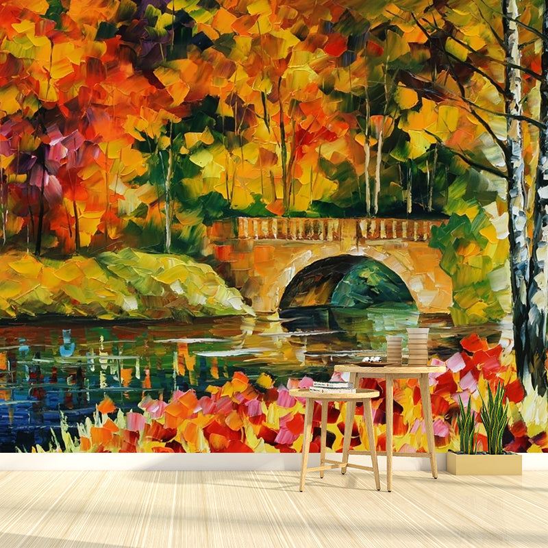 Orange-Yellow Fall Bridge Murals Moisture Resistant Countryside Bedroom Wall Covering, Size Optional Orange-Yellow Clearhalo 'Wall Decor' 'Wall Mural' 1171107