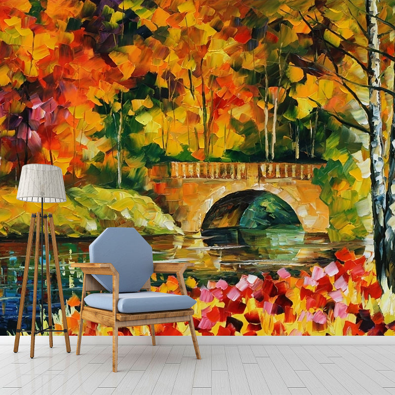 Orange-Yellow Fall Bridge Murals Moisture Resistant Countryside Bedroom Wall Covering, Size Optional Clearhalo 'Wall Decor' 'Wall Mural' 1171108