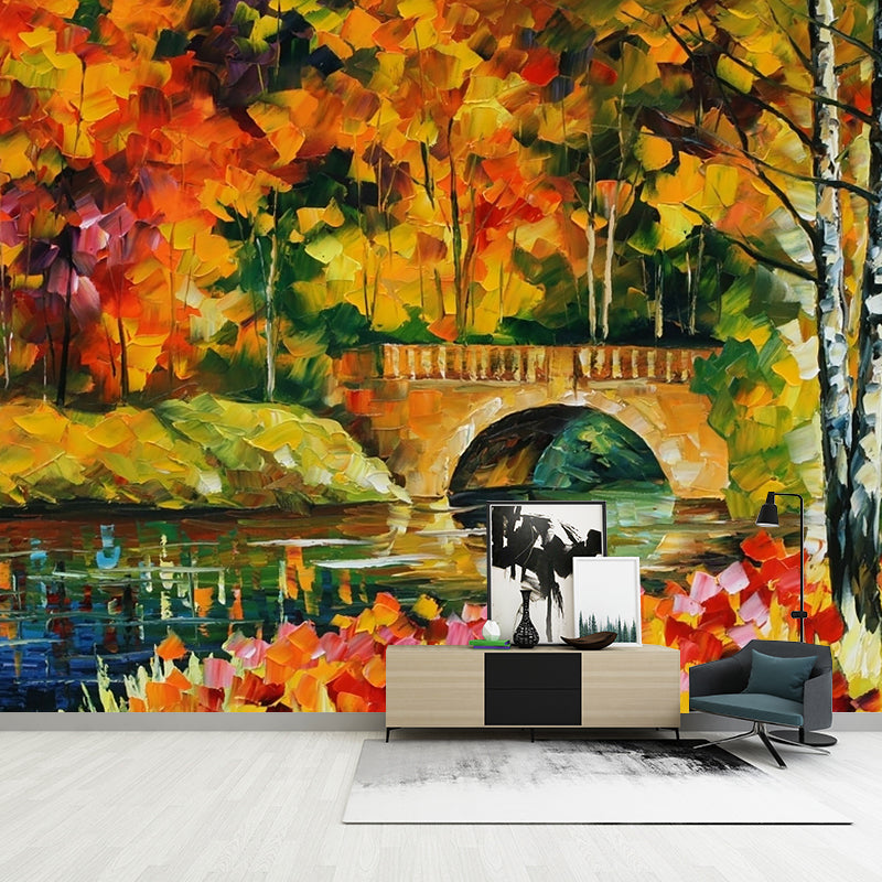 Orange-Yellow Fall Bridge Murals Moisture Resistant Countryside Bedroom Wall Covering, Size Optional Clearhalo 'Wall Decor' 'Wall Mural' 1171109