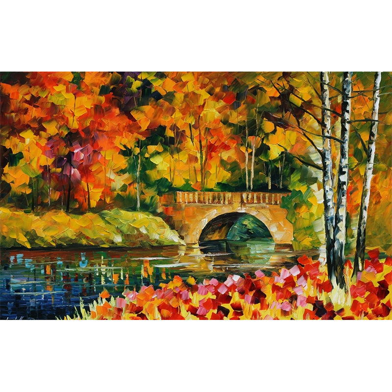 Orange-Yellow Fall Bridge Murals Moisture Resistant Countryside Bedroom Wall Covering, Size Optional Clearhalo 'Wall Decor' 'Wall Mural' 1171110