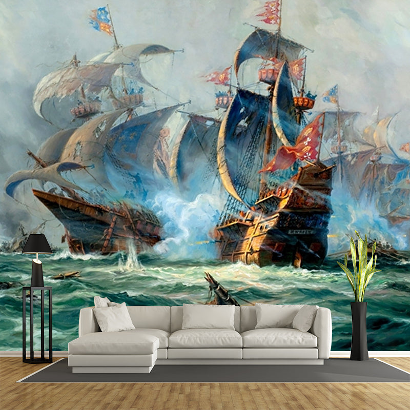 Tropix Naval Battle Painting Murals Grey and Green Sea Wall Decor for Living Room Gray-Green Clearhalo 'Wall Decor' 'Wall Mural' 1171112