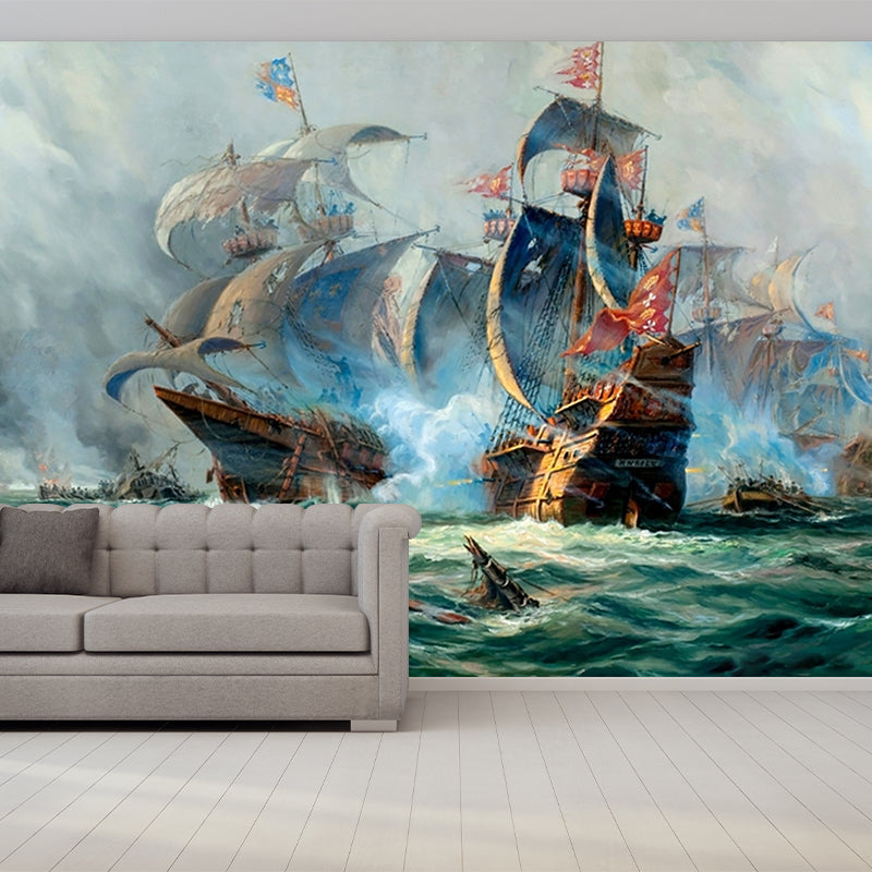 Tropix Naval Battle Painting Murals Grey and Green Sea Wall Decor for Living Room Clearhalo 'Wall Decor' 'Wall Mural' 1171114