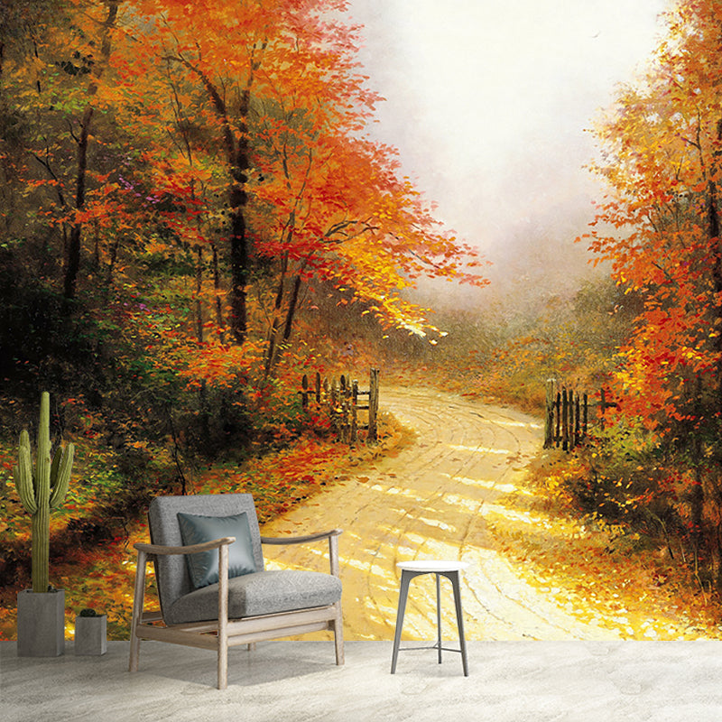 Large Autumn Lane Mural Wallpaper Stain-Resistant Classical Corridor Wall Art. Orange-Yellow Orange-Yellow Clearhalo 'Wall Decor' 'Wall Mural' 1171117