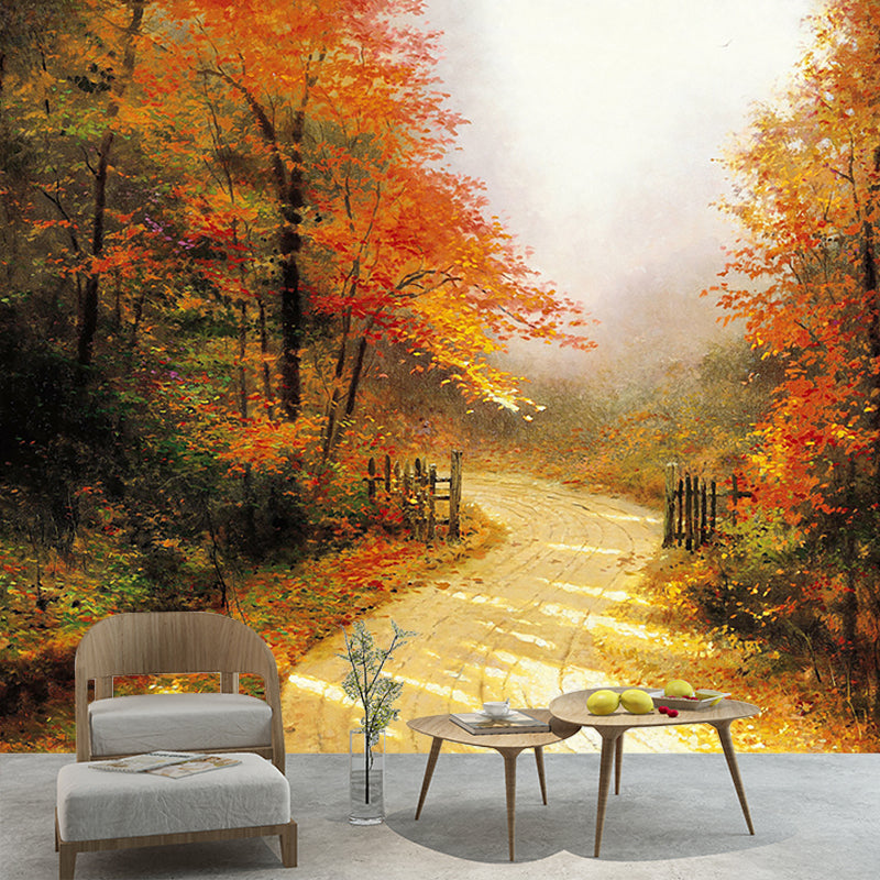 Large Autumn Lane Mural Wallpaper Stain-Resistant Classical Corridor Wall Art. Orange-Yellow Clearhalo 'Wall Decor' 'Wall Mural' 1171118