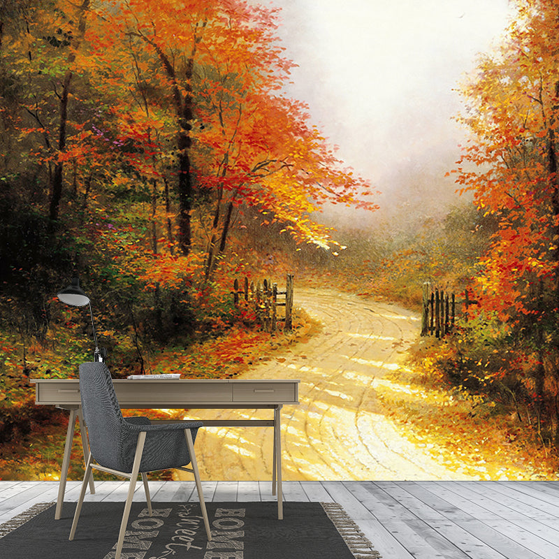 Large Autumn Lane Mural Wallpaper Stain-Resistant Classical Corridor Wall Art. Orange-Yellow Clearhalo 'Wall Decor' 'Wall Mural' 1171119