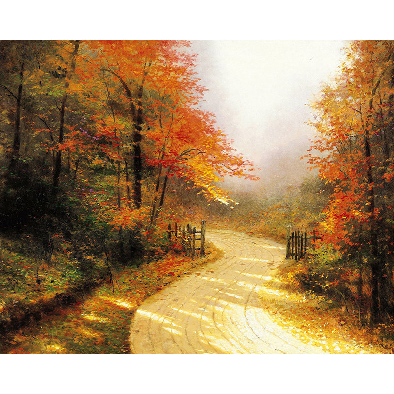 Large Autumn Lane Mural Wallpaper Stain-Resistant Classical Corridor Wall Art. Orange-Yellow Clearhalo 'Wall Decor' 'Wall Mural' 1171120