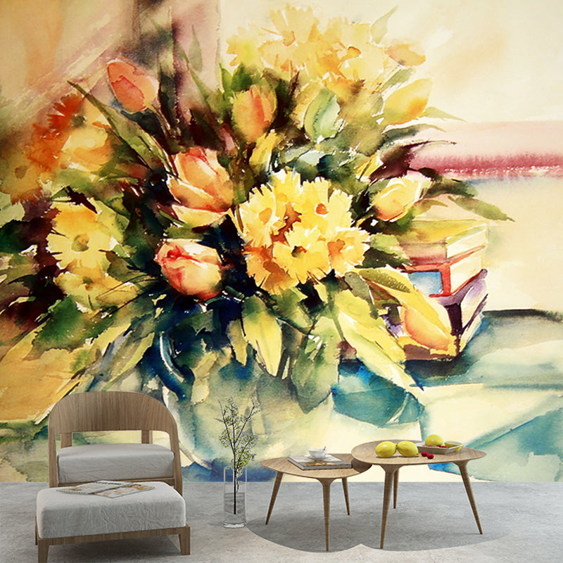 Yellow Watercolor Flower Wallpaper Mural Stain-Proof Wall Art for Living Room Decor Yellow Clearhalo 'Wall Decor' 'Wall Mural' 1171132