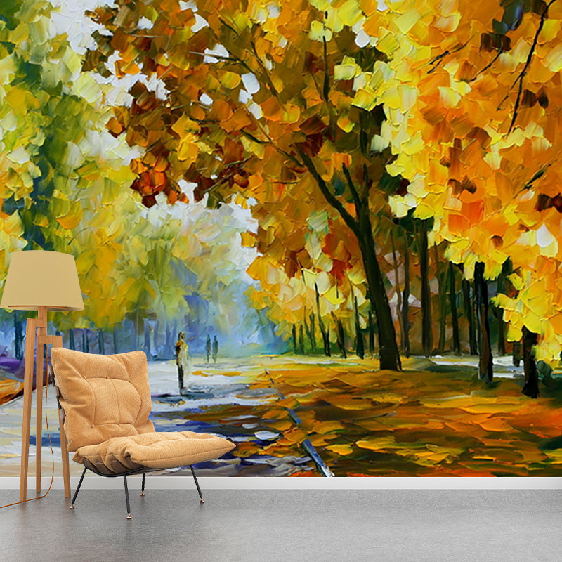 Classic Scenery Autumn Park Murals Yellow-Brown Stain Resistant Wall Art for Bedroom Yellow-Brown Clearhalo 'Wall Decor' 'Wall Mural' 1171147