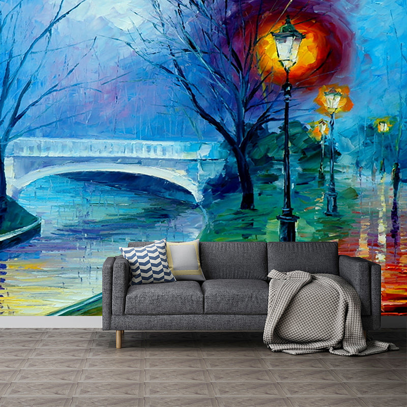 Personalized Illustration Classic Murals with Night Road and Bridge Pattern in Orange and Blue Orange-Blue Clearhalo 'Wall Decor' 'Wall Mural' 1171152