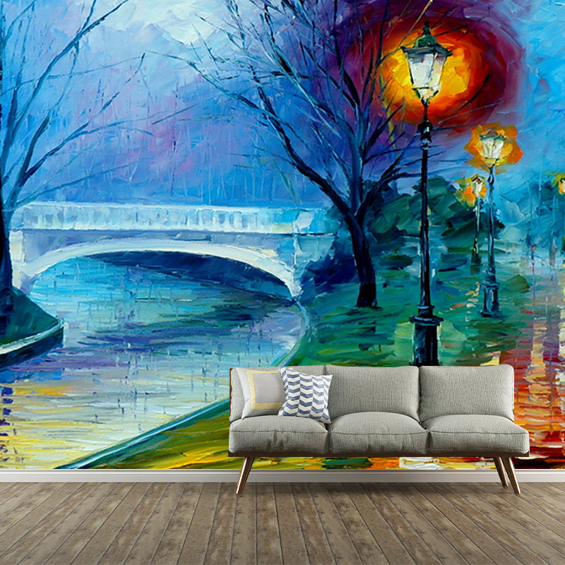 Personalized Illustration Classic Murals with Night Road and Bridge Pattern in Orange and Blue Clearhalo 'Wall Decor' 'Wall Mural' 1171153