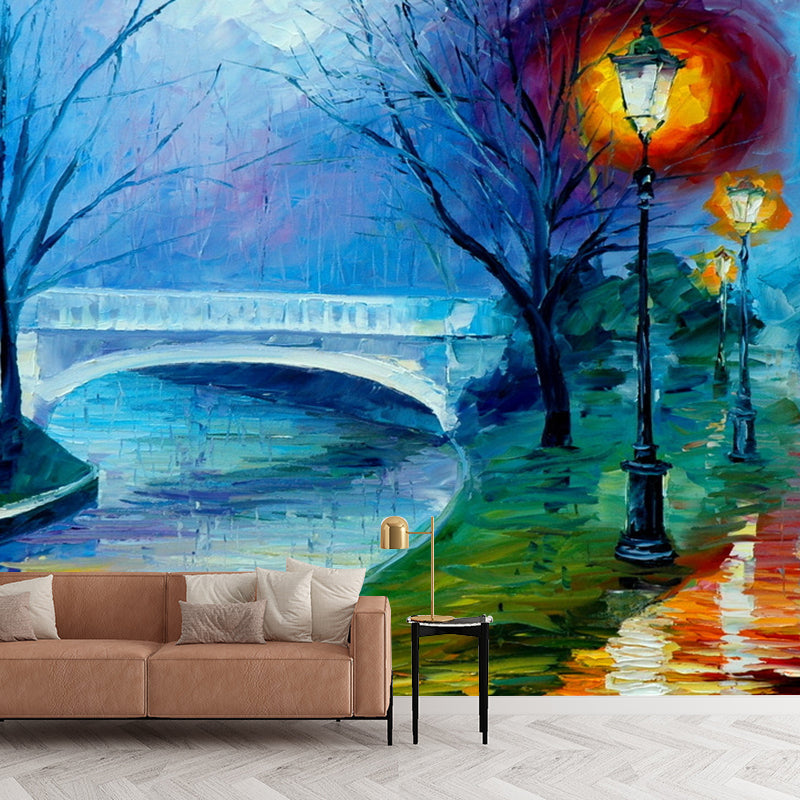 Personalized Illustration Classic Murals with Night Road and Bridge Pattern in Orange and Blue Clearhalo 'Wall Decor' 'Wall Mural' 1171154