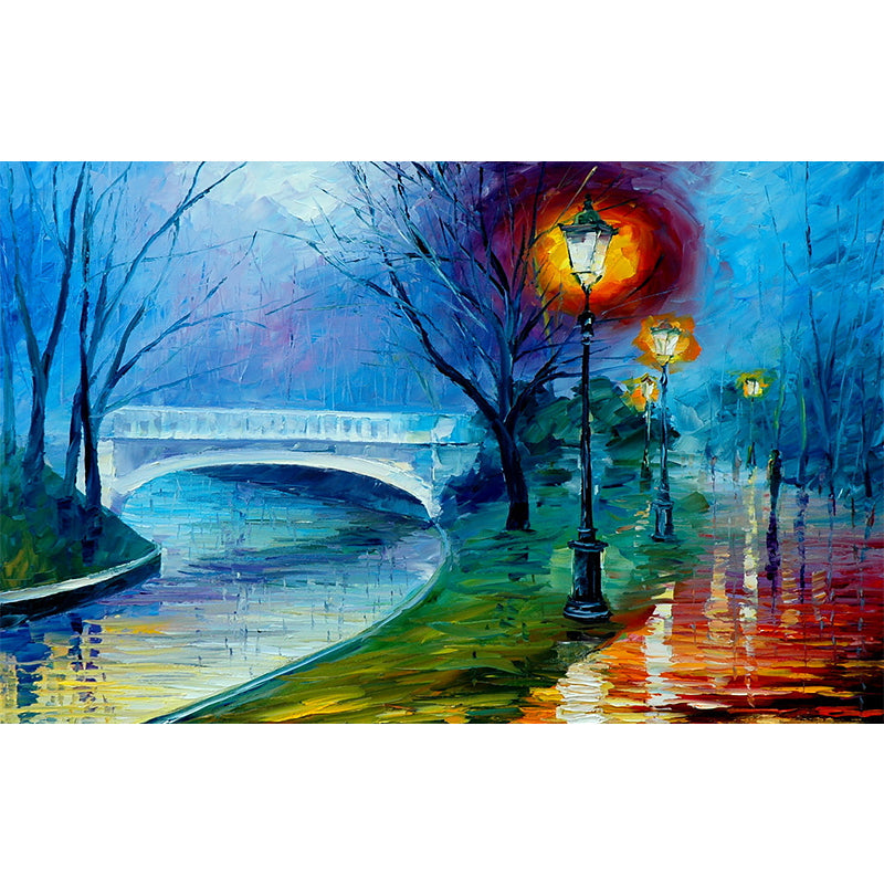 Personalized Illustration Classic Murals with Night Road and Bridge Pattern in Orange and Blue Clearhalo 'Wall Decor' 'Wall Mural' 1171155