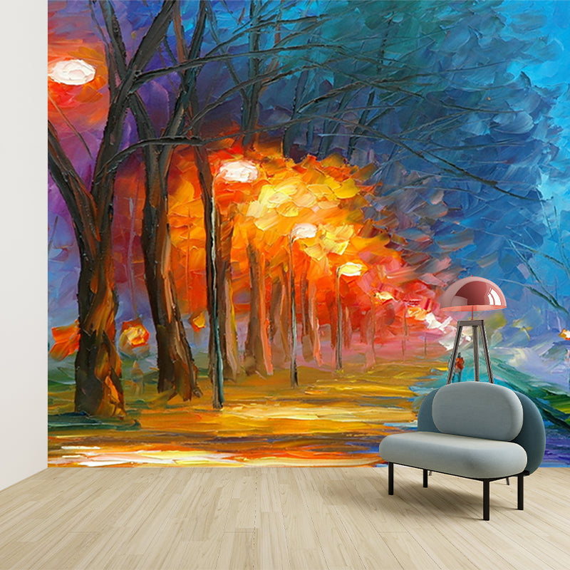 Lake Park at Night Murals Classic Moisture Resistant Living Room Wall Covering in Orange-Blue Orange-Blue Clearhalo 'Wall Decor' 'Wall Mural' 1171157