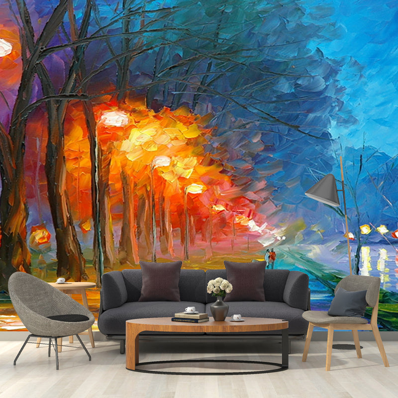 Lake Park at Night Murals Classic Moisture Resistant Living Room Wall Covering in Orange-Blue Clearhalo 'Wall Decor' 'Wall Mural' 1171158