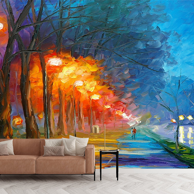 Lake Park at Night Murals Classic Moisture Resistant Living Room Wall Covering in Orange-Blue Clearhalo 'Wall Decor' 'Wall Mural' 1171159