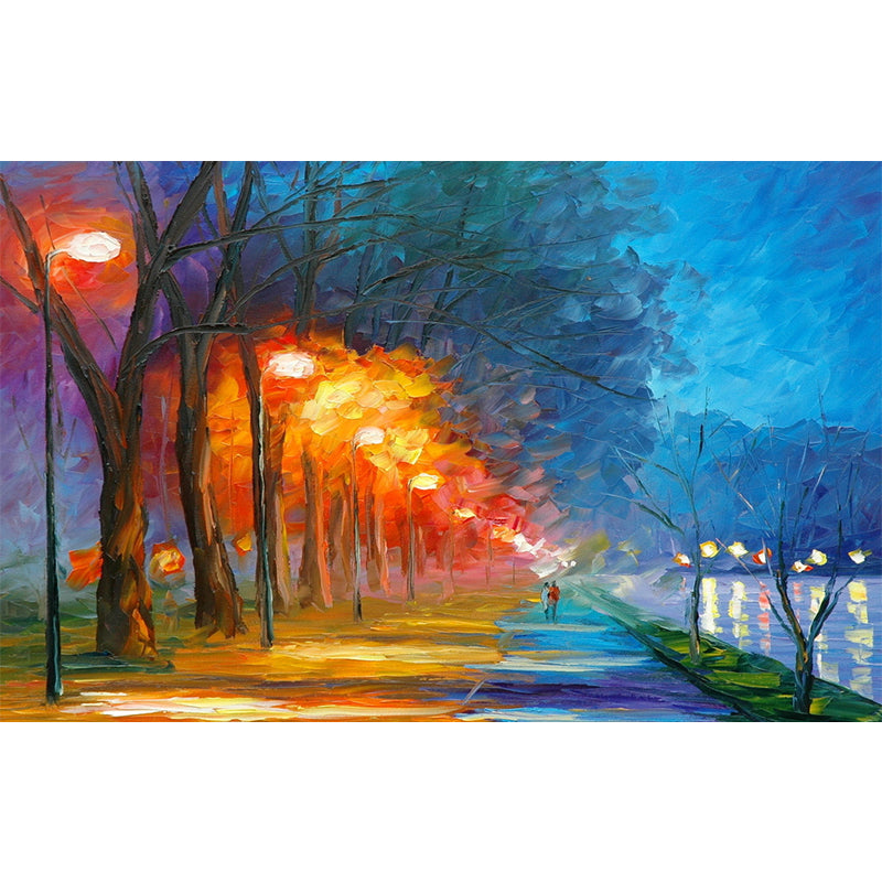 Lake Park at Night Murals Classic Moisture Resistant Living Room Wall Covering in Orange-Blue Clearhalo 'Wall Decor' 'Wall Mural' 1171160