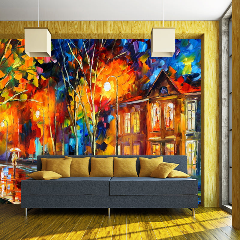 Orange-Blue Decorative Wall Mural Full Size Autumn Road and House Painting Wall Art for Living Room Orange-Blue Clearhalo 'Wall Decor' 'Wall Mural' 1171167