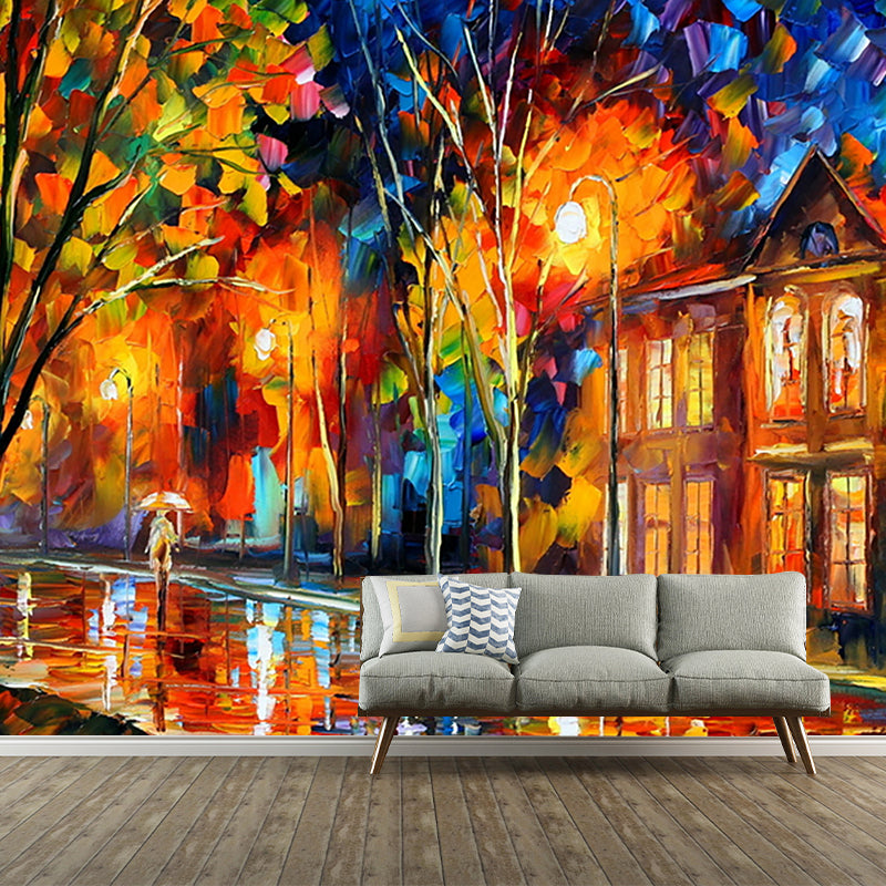 Orange-Blue Decorative Wall Mural Full Size Autumn Road and House Painting Wall Art for Living Room Clearhalo 'Wall Decor' 'Wall Mural' 1171168