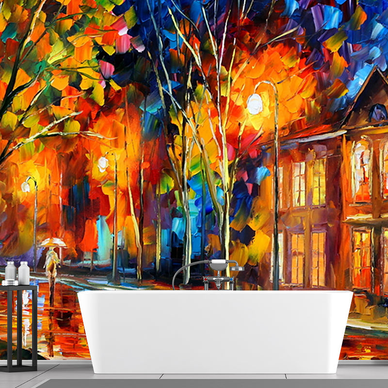 Orange-Blue Decorative Wall Mural Full Size Autumn Road and House Painting Wall Art for Living Room Clearhalo 'Wall Decor' 'Wall Mural' 1171169