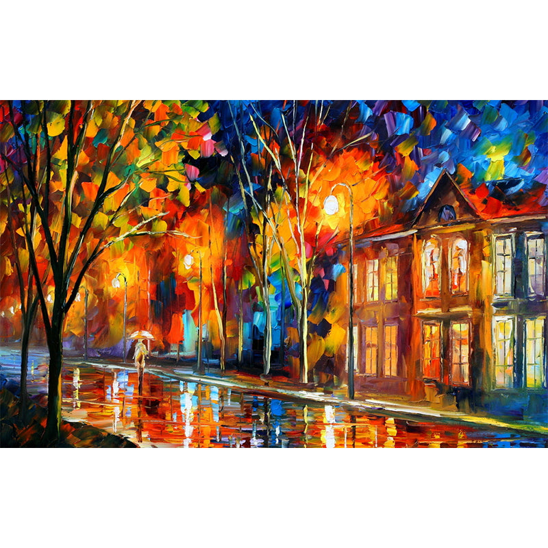 Orange-Blue Decorative Wall Mural Full Size Autumn Road and House Painting Wall Art for Living Room Clearhalo 'Wall Decor' 'Wall Mural' 1171170