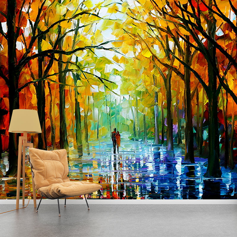 Waterproof Wallpaper Mural Classic Non-Woven Wall Decor with Leonid Afremov Walk in Fall Forest Pattern Orange-Yellow Clearhalo 'Wall Decor' 'Wall Mural' 1171182