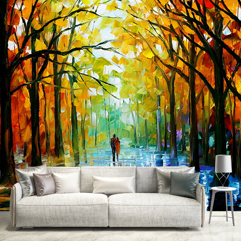 Waterproof Wallpaper Mural Classic Non-Woven Wall Decor with Leonid Afremov Walk in Fall Forest Pattern Clearhalo 'Wall Decor' 'Wall Mural' 1171183