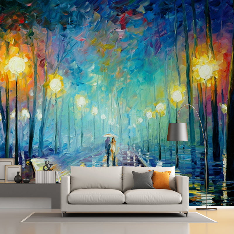 Illustration Scenery Mural Wallpaper Classic Night Walk Drawing Wall Art in Orange-Blue Orange-Blue Clearhalo 'Wall Decor' 'Wall Mural' 1171192