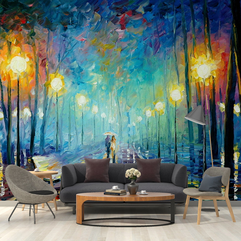 Illustration Scenery Mural Wallpaper Classic Night Walk Drawing Wall Art in Orange-Blue Clearhalo 'Wall Decor' 'Wall Mural' 1171193