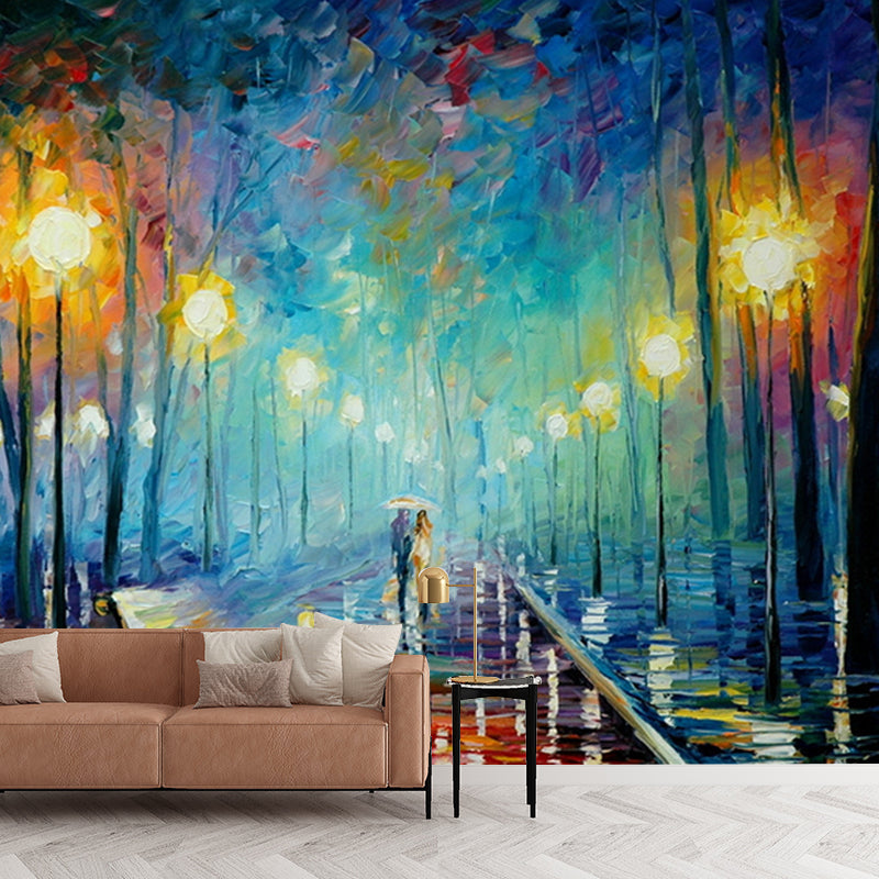 Illustration Scenery Mural Wallpaper Classic Night Walk Drawing Wall Art in Orange-Blue Clearhalo 'Wall Decor' 'Wall Mural' 1171194