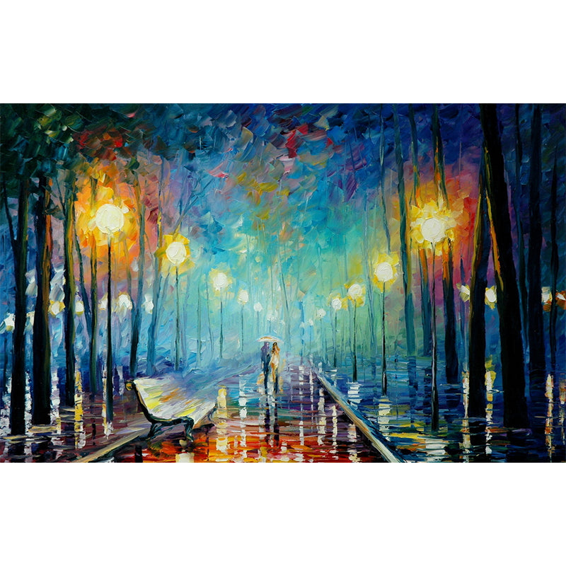 Illustration Scenery Mural Wallpaper Classic Night Walk Drawing Wall Art in Orange-Blue Clearhalo 'Wall Decor' 'Wall Mural' 1171195