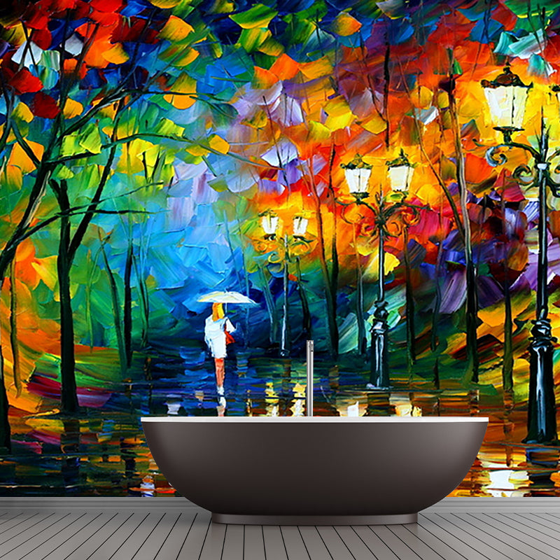 Stroll Oil Painting Mural Wallpaper Blue-Orange-Yellow Country Wall Decor for Stairs Blue-Orange-Yellow Clearhalo 'Wall Decor' 'Wall Mural' 1171197